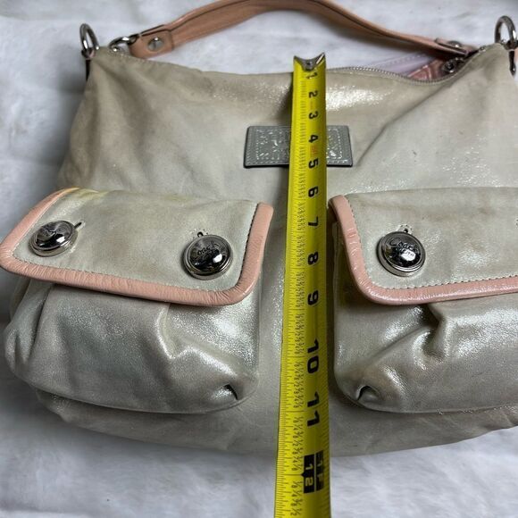 Coach Poppy soft leather gold sparkle satchel buttery pink trims. - Picture 8 of 13